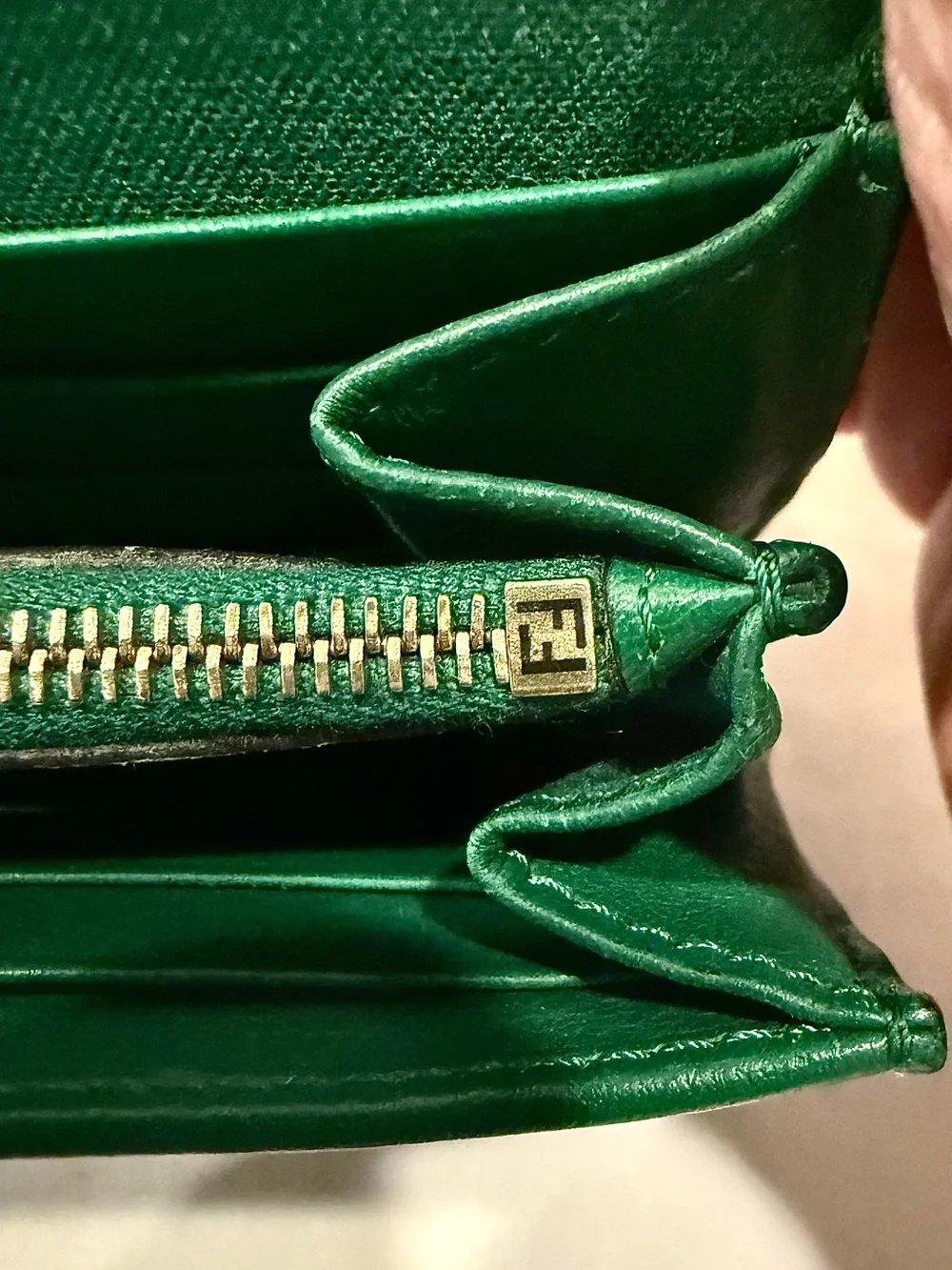 Fendi 2Jours Continental Leather Wallet Envelope Style In Taupe/Green